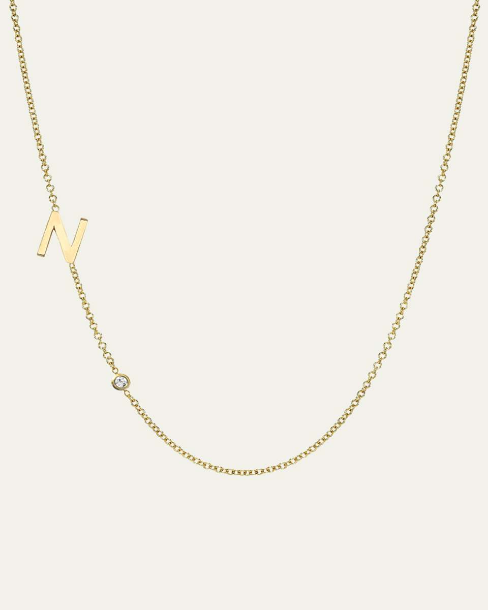 14k Gold Asymmetrical Initial and Bezel Diamond Necklace
